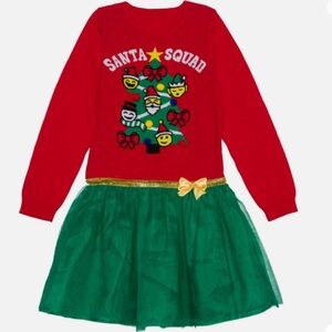 Girls Red & Green Santa Squad Christmas Holiday Sweater Dress Emoji Elf